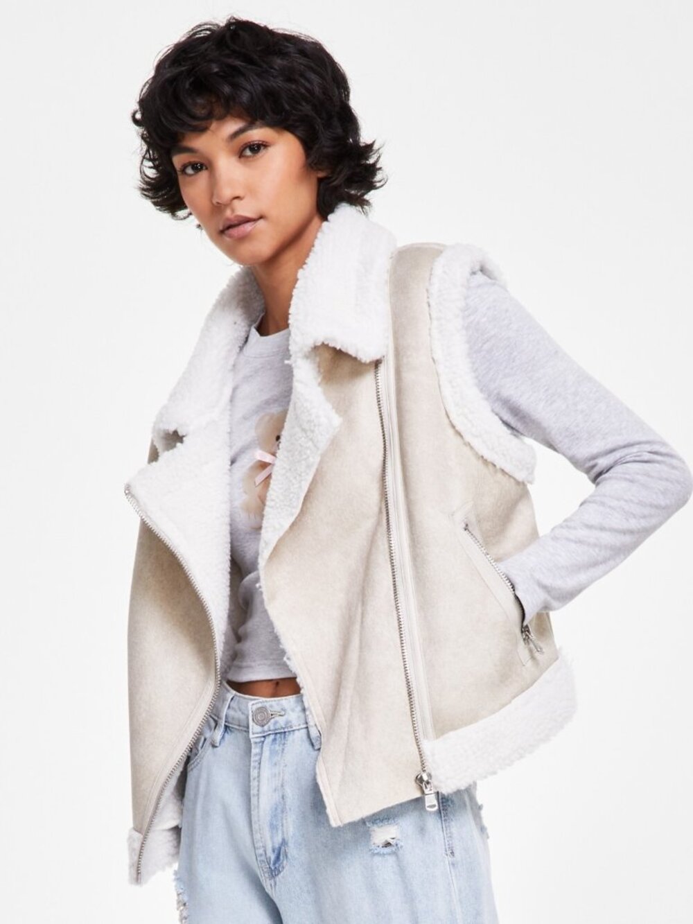 Madden Girl Juniors' Faux-Shearling Moto Vest Size M
